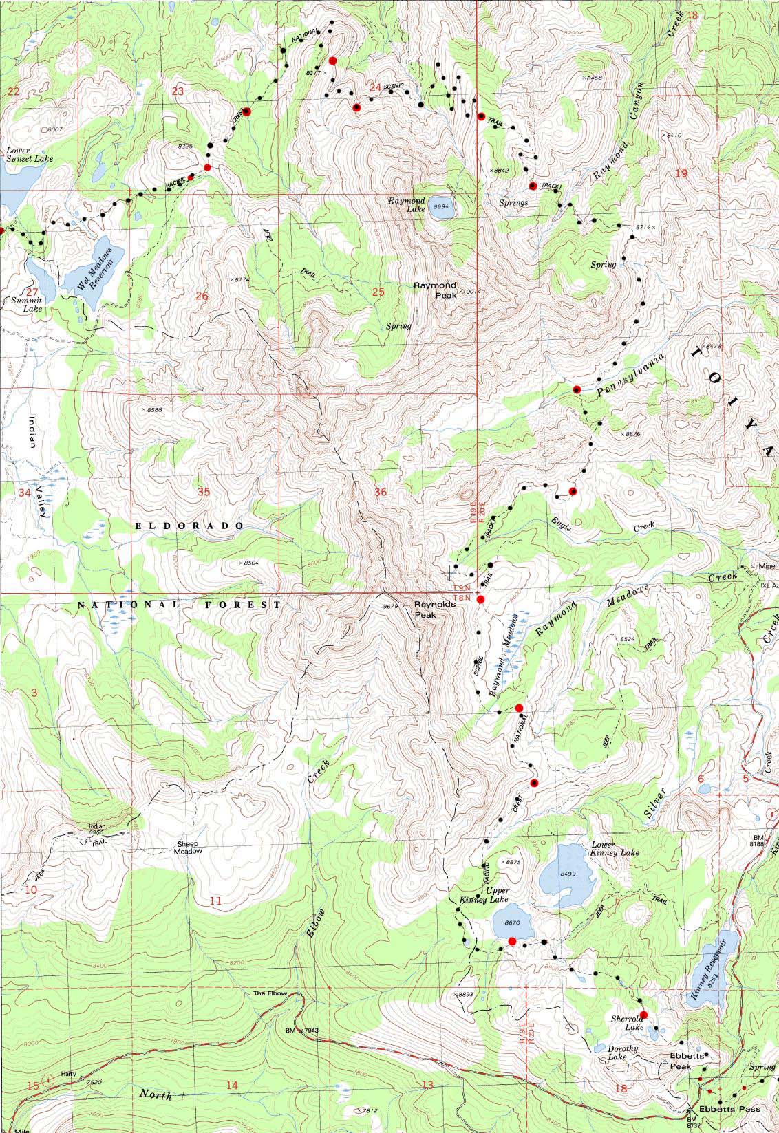 Backpacking Map for the Pacific Crest Trail between Upper Sunset Lake and Ebbetts Pass
