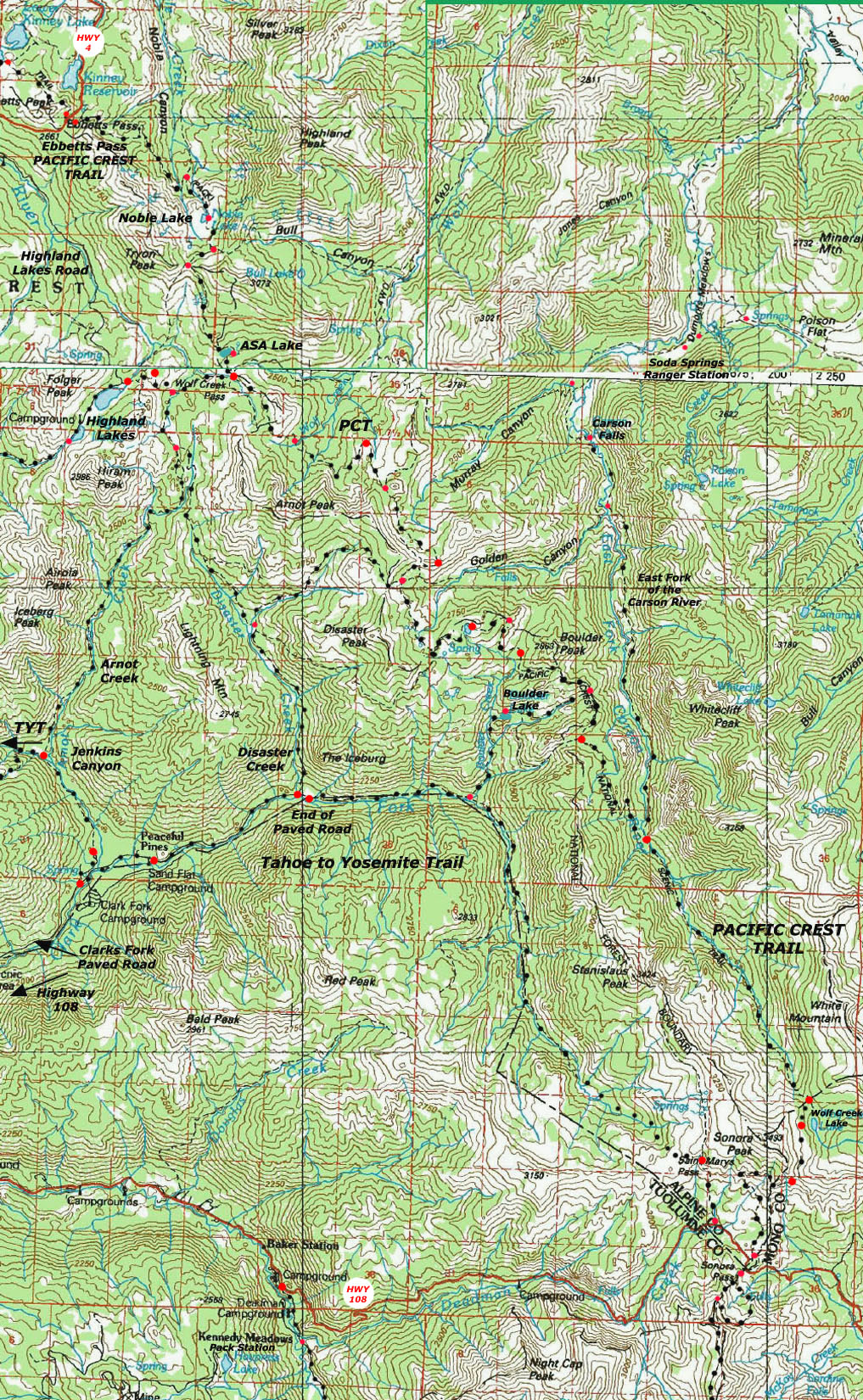 Ebbetts to Sonora Pass topo map of the Pacific Crest Trail across the Carson Iceberg Wilderness.