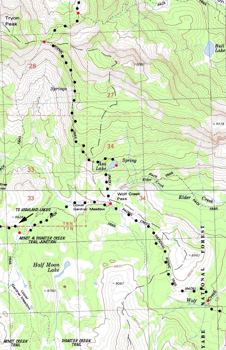 Tyron Peak to Wolf Creek topo Pacific Crest Trail hiking map.
