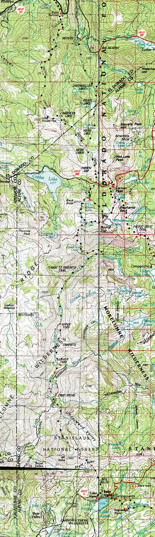 Topo map Echo Summit to Lake Alpine along the Tahoe to Yosemite Trail.