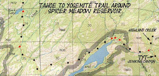 Tahoe to Yosemite Trail route around Spicer Meadow Reservoir, Carson Iceberg Wilderness.