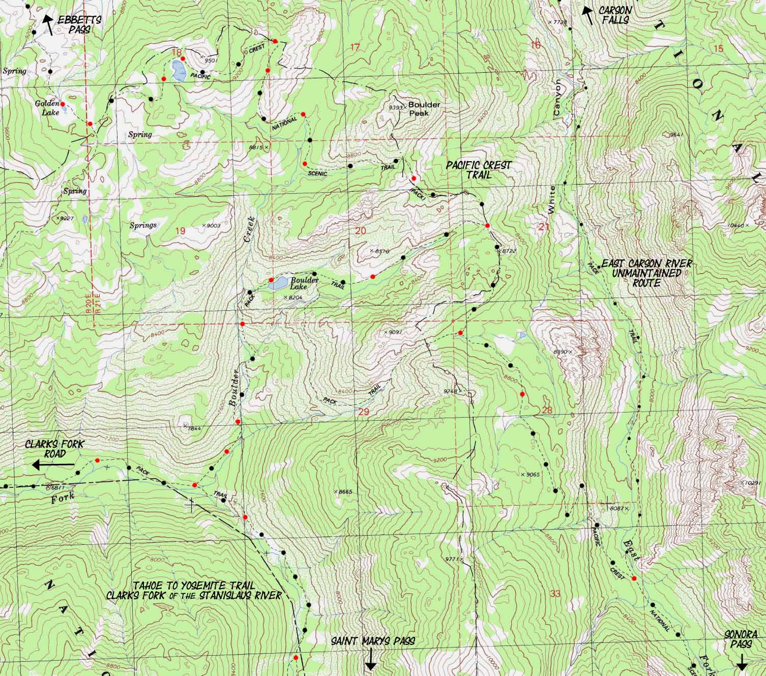 Boulder Creek backpacking map connecting Tahoe to Yosemite with Pacific Crest Trail.