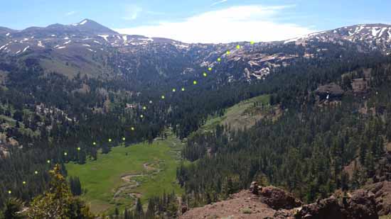 Overview of the headwaters bowl of the Clarks fork with the unmaintained route laid out.