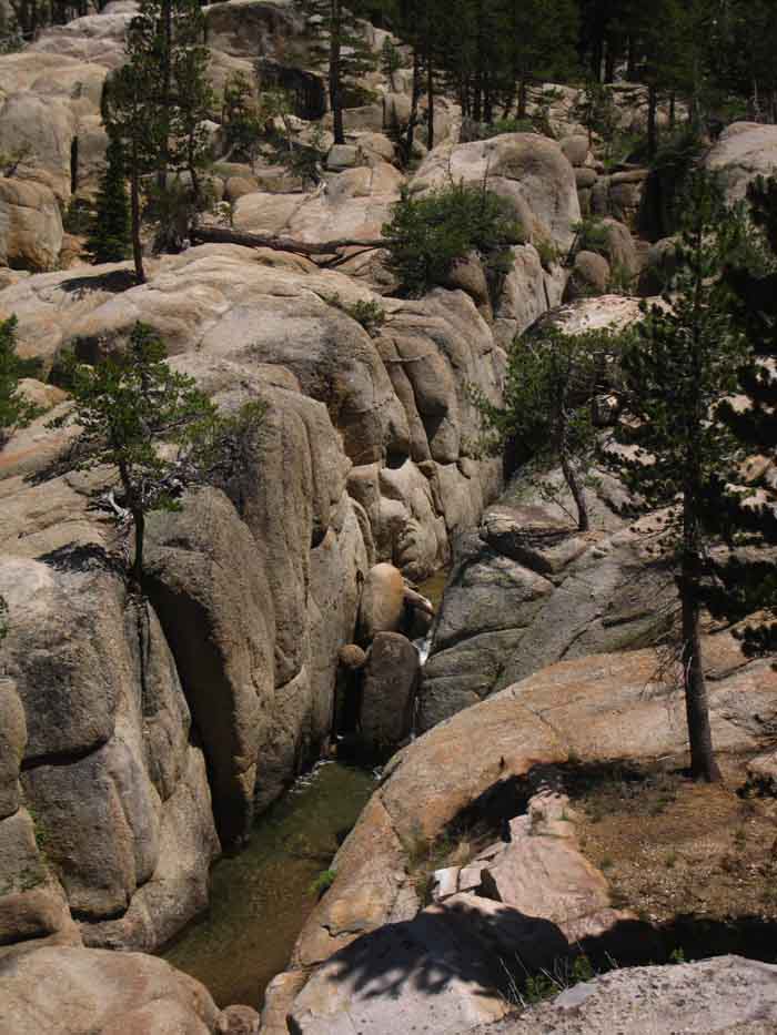 Clarks Fork of the Stanislaus flows through a rock channel below Clarks Meadow.