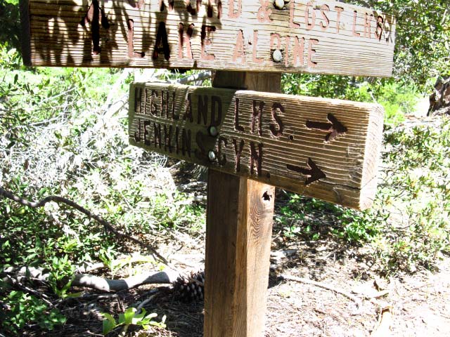 Trail junction to Sword and Lost Lakes from the Tahoe to Yosemite Trail.