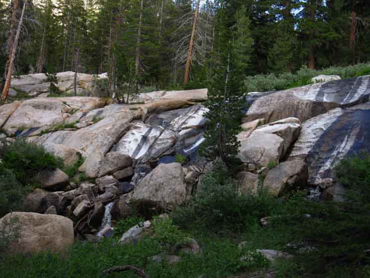 Upper waterfall along the Tahoe to Yosemite Trail in the Clarks Fork Headwaters Bowl.