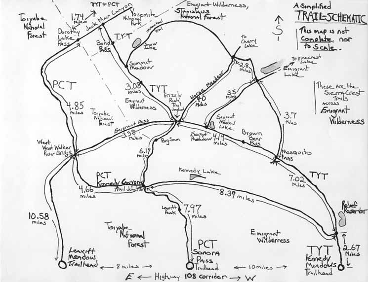 New schematic backpacking map of High Emigrant Wilderness.