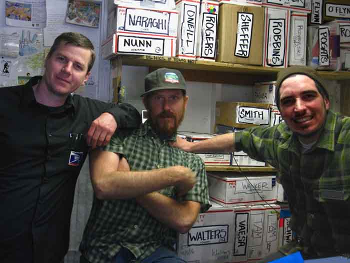 Jeffery Ballard, Andrew Castle, and Michael Kochakji staffing Tuolumne Meadows Post Office during the 2016 backpacking season.