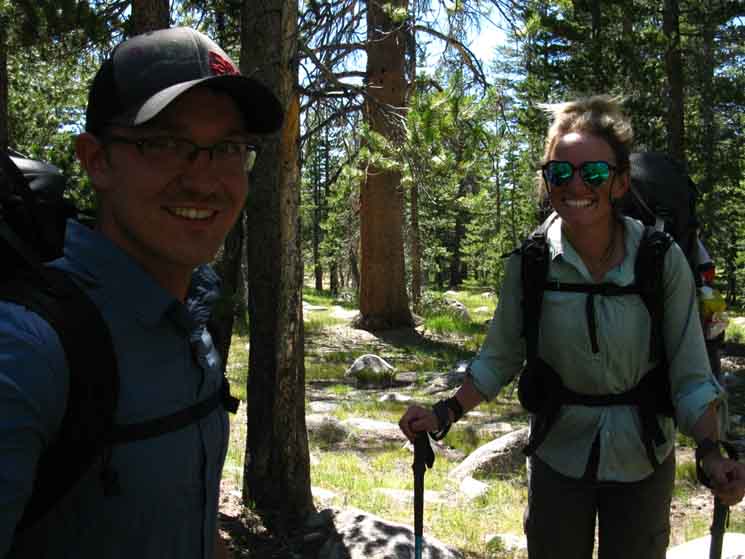 PCT hikers D Cup and Hazard hiking North out of Tuolumne Meadows.
