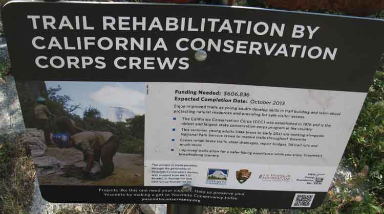 California Conservation Corps trail rehabilitation sign.