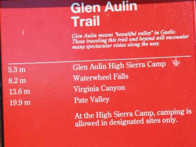 Glen Aulin Trailhead miles sign.