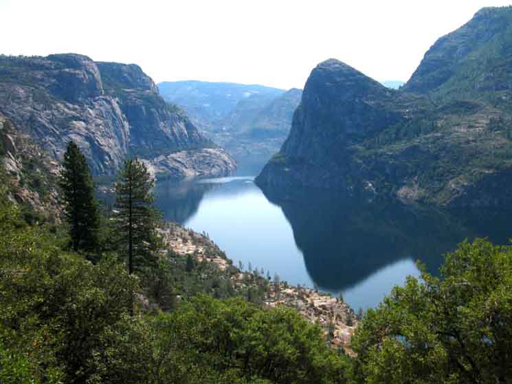 View across Hetchy Hetchy and Kolana Rock at where Rancheria Creek flows into the reservoir.