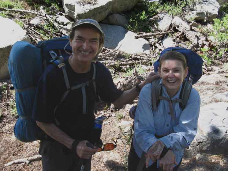 John and Renee climbing onto Moraine Ridge out of Lower Jack Main Canyon.