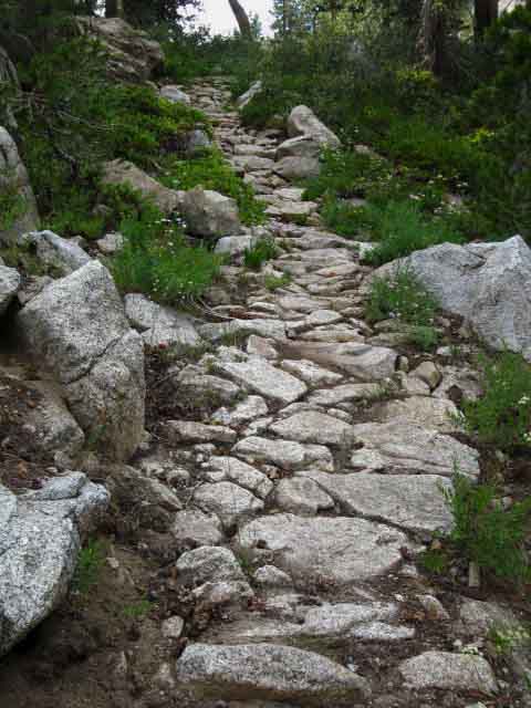 Fine granite bedded trail traversing Macomb Ridge, backpacking North Yosemite Backcountry.
