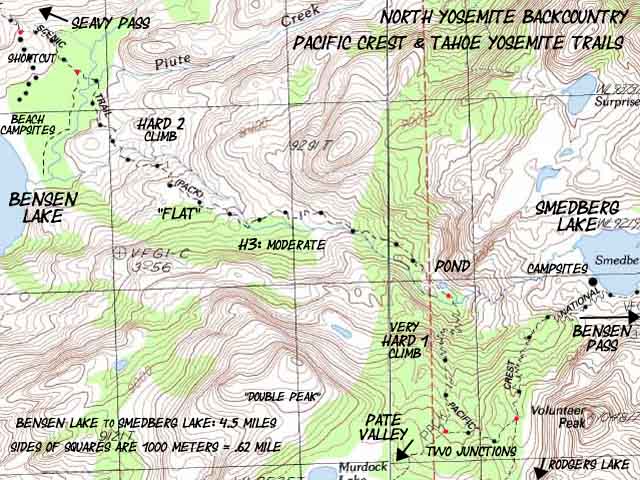 Backpacking map of Bensen Lake to Smedberg Lake in the North Yosemite Backcountry.
