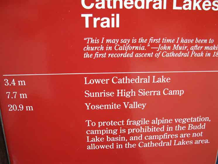 Miles from Tuolumne Meadows West Trailhead to Cathedral Lakes and Yosemite Valley.