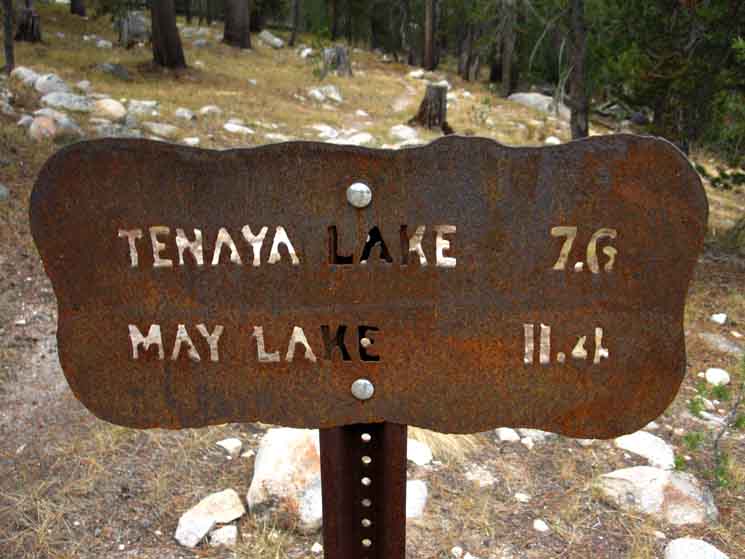 Miles to Tenaya and May Lakes from West end of Tuolumne Meadows.