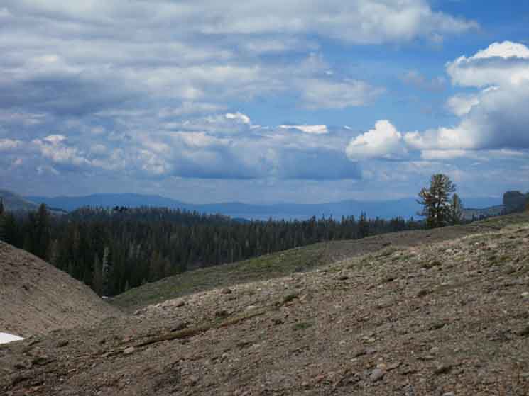 View of Tahoe Basin climbing to South Upper Truckee headwaters.