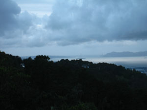 The Golden Gate Bridge beyond Alacatraz Island.